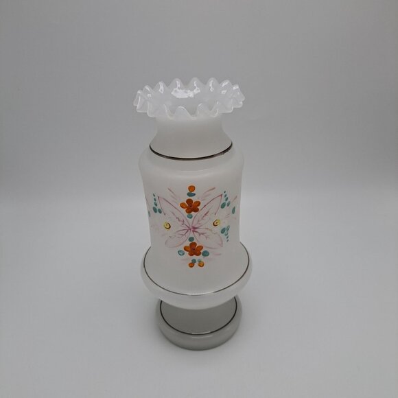 Vintage Hand-Painted Bristol Glass Vase With Ruffled Top & Floral Design - Picture 4 of 12